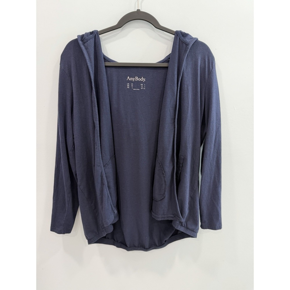 AnyBody Women's Navy Hooded Open Front Cardigan M Soft Lightweight Drape Sweater
